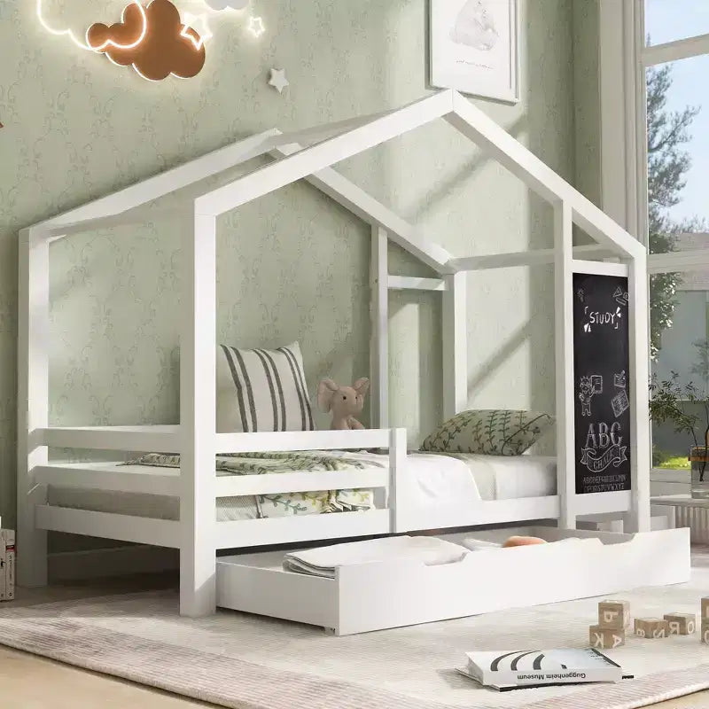 Bellemave - Letto a casetta singolo/una piazza e mezza con lavagna e cassetti, letto a soppalco convertibile per bambini per giocare e dormire, bianco