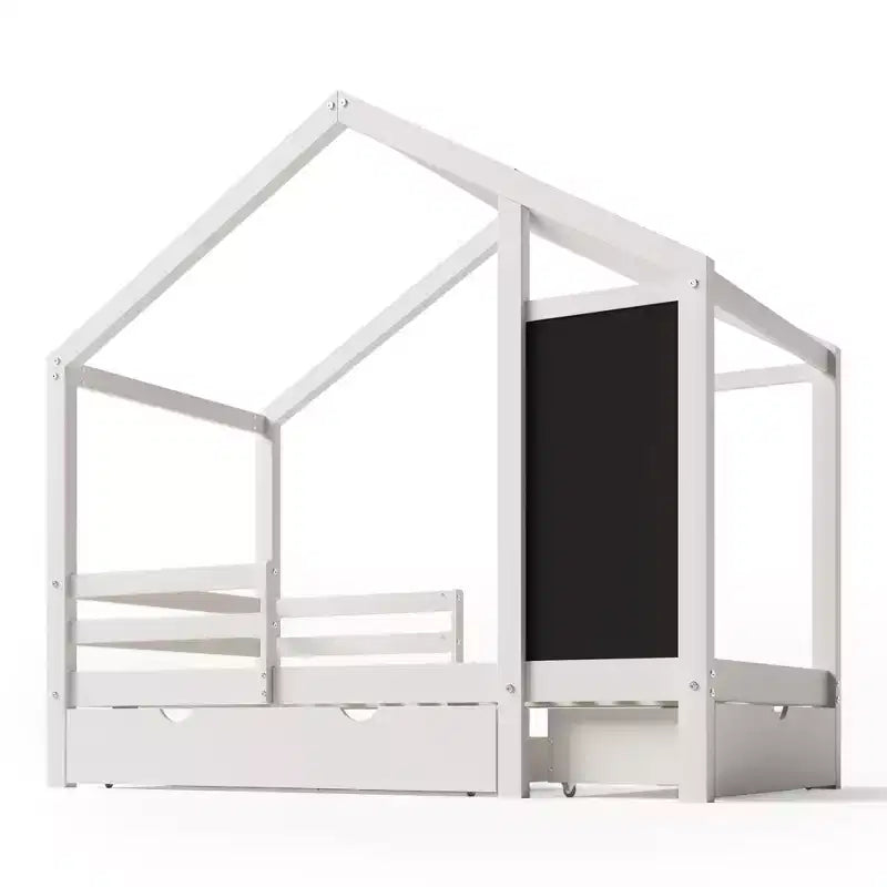 Bellemave - Letto a casetta singolo/una piazza e mezza con lavagna e cassetti, letto a soppalco convertibile per bambini per giocare e dormire, bianco