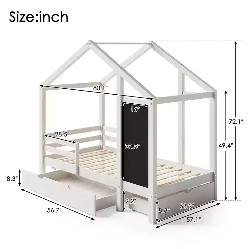 Bellemave - Letto a casetta singolo/una piazza e mezza con lavagna e cassetti, letto a soppalco convertibile per bambini per giocare e dormire, bianco