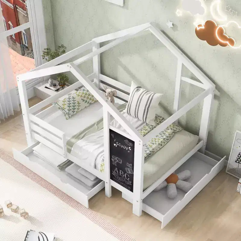 Bellemave - Letto a casetta singolo/una piazza e mezza con lavagna e cassetti, letto a soppalco convertibile per bambini per giocare e dormire, bianco