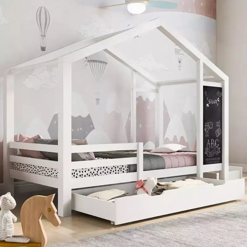 Bellemave - Letto a casetta singolo/una piazza e mezza con lavagna e cassetti, letto a soppalco convertibile per bambini per giocare e dormire, bianco