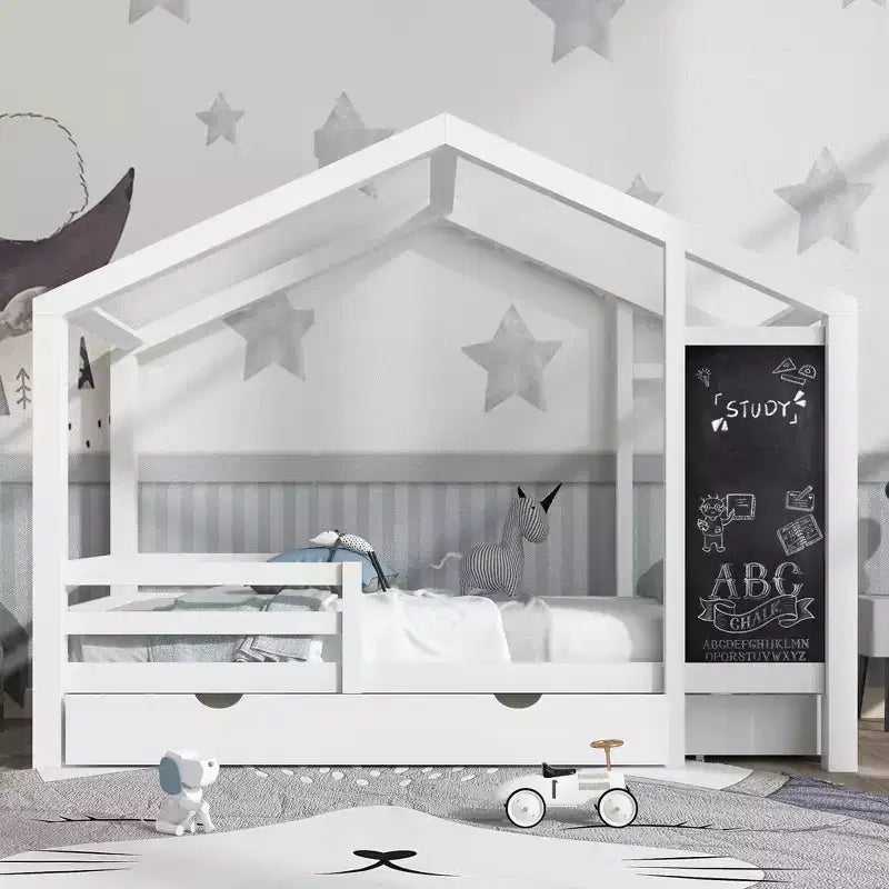 Bellemave - Letto a casetta singolo/una piazza e mezza con lavagna e cassetti, letto a soppalco convertibile per bambini per giocare e dormire, bianco