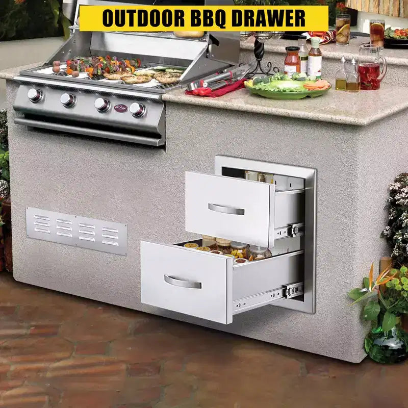 Cassetti per cucina da esterno, 17,8L x 20,2A x 12,2P pollici, Doppio cassetto BBQ a filo, Isola BBQ in acciaio inossidabile con maniglia, per cucine da esterno e patio