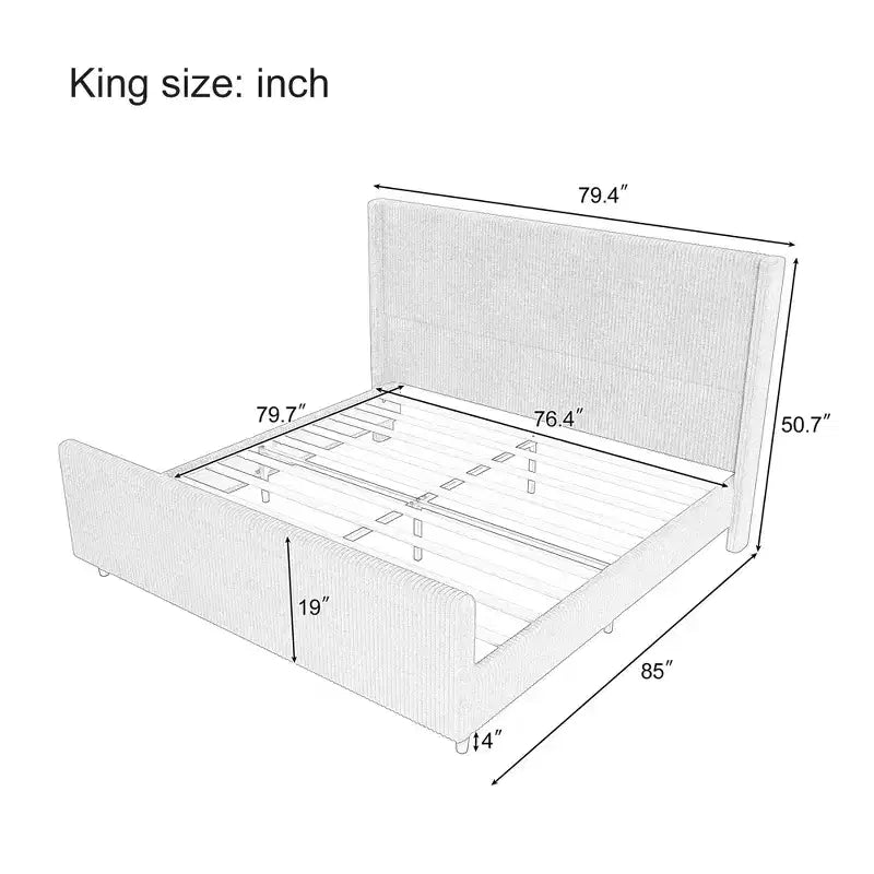 Testiera Bellemave, struttura letto imbottita in velluto a coste con schienale a fascia verticale e pediera alta, nessuna necessità di rete, misura King, beige