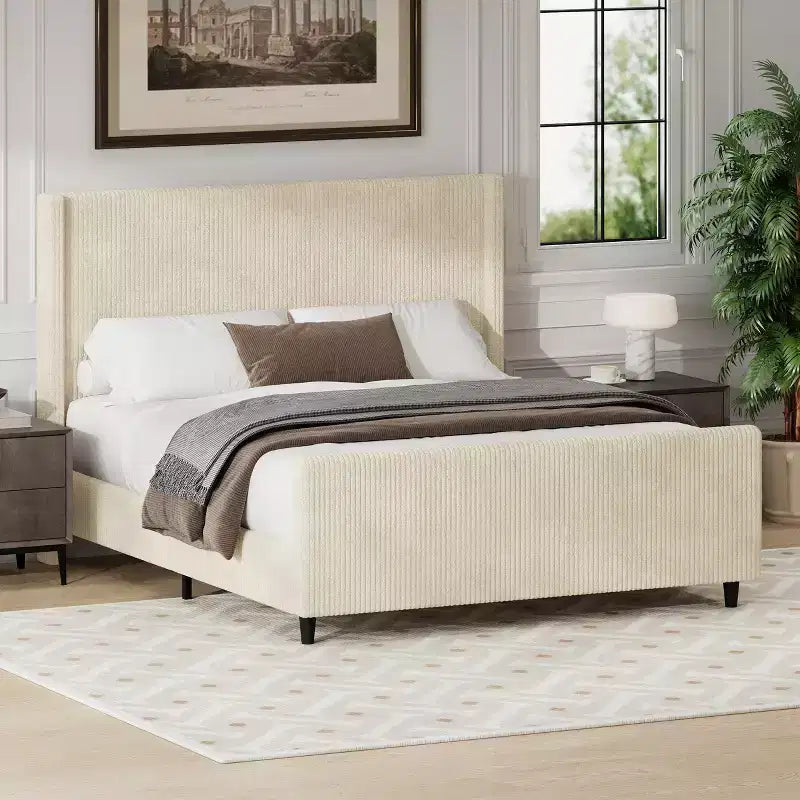 Testiera Bellemave, struttura letto imbottita in velluto a coste con schienale a fascia verticale e pediera alta, nessuna necessità di rete, misura King, beige