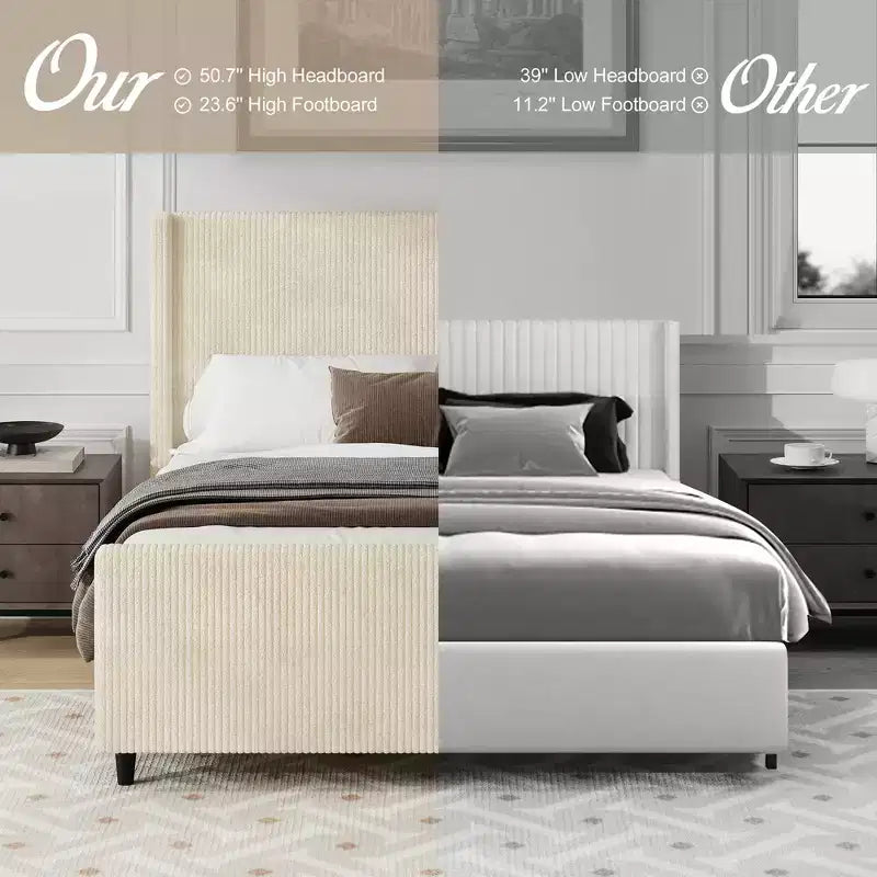 Testiera Bellemave, struttura letto imbottita in velluto a coste con schienale a fascia verticale e pediera alta, nessuna necessità di rete, misura King, beige