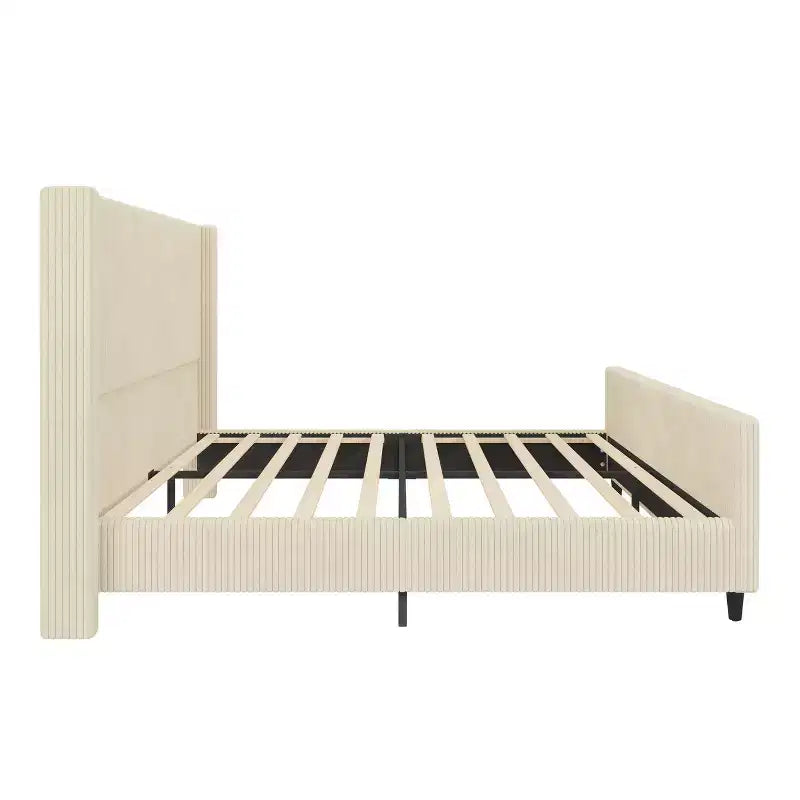Testiera Bellemave, struttura letto imbottita in velluto a coste con schienale a fascia verticale e pediera alta, nessuna necessità di rete, misura King, beige