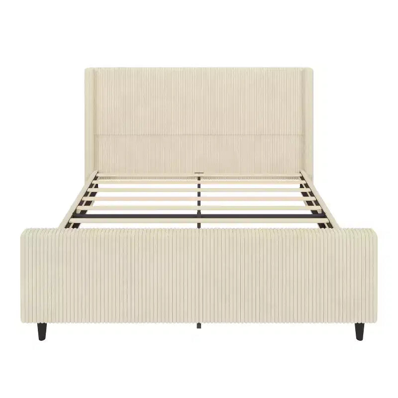 Testiera Bellemave, struttura letto imbottita in velluto a coste con schienale a fascia verticale e pediera alta, nessuna necessità di rete, misura King, beige