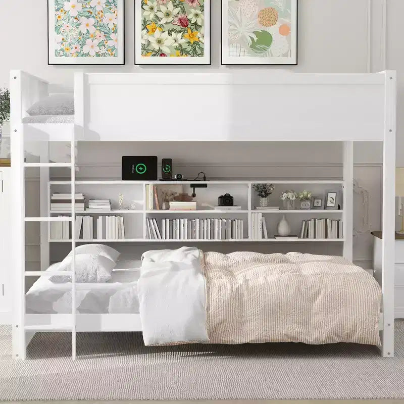 Bellemave Letto a castello Queen su Queen con armadietti e porte USB, Bianco