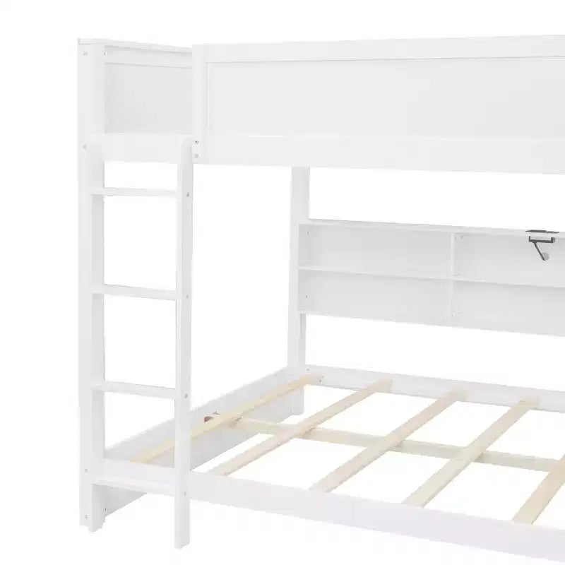 Bellemave Letto a castello Queen su Queen con armadietti e porte USB, Bianco