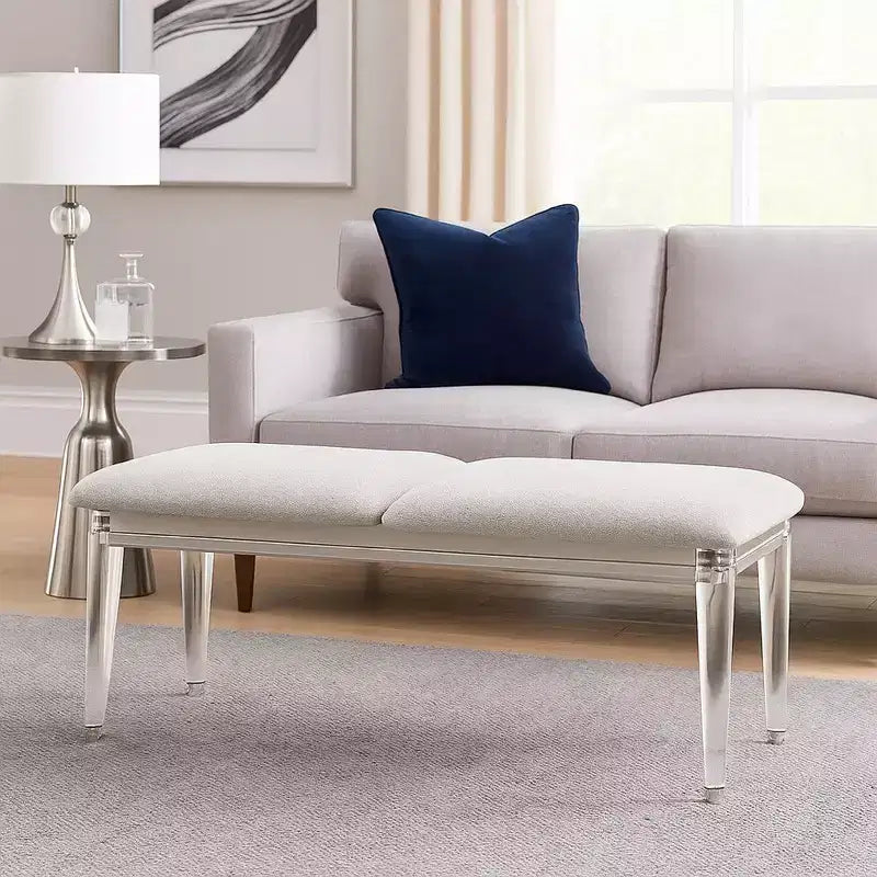 Royal Hampton Accent Bench, Light Gray Boucle, Pearl White Wood Finish, 54 Inch