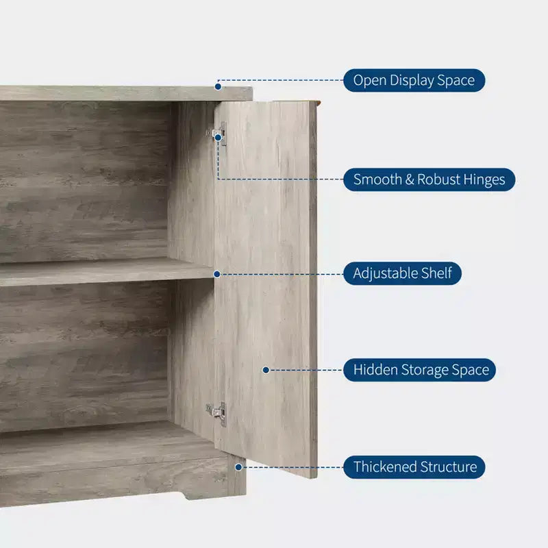 Mobile credenza moderno con ante e ripiani, adatto per salotti, cucine, sale da pranzo e corridoi.