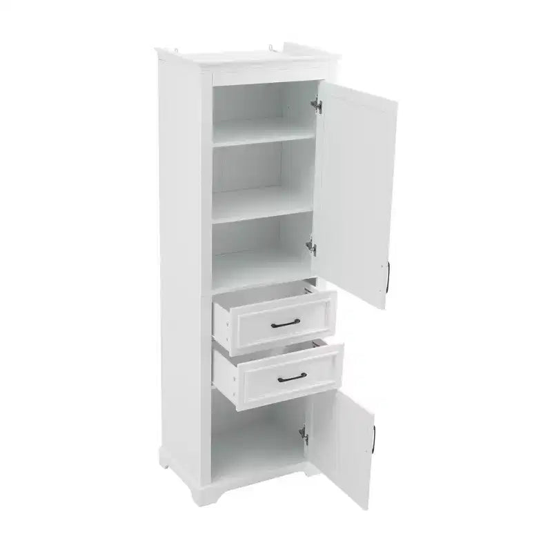Mobiletto contenitore da bagno autoportante con cassetto, ripiani regolabili e fissi, ante a chiusura ammortizzata, bianco - ModernLuxe