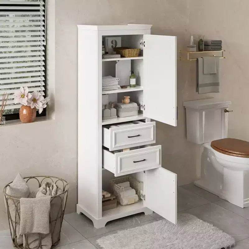 Mobiletto contenitore da bagno autoportante con cassetto, ripiani regolabili e fissi, ante a chiusura ammortizzata, bianco - ModernLuxe
