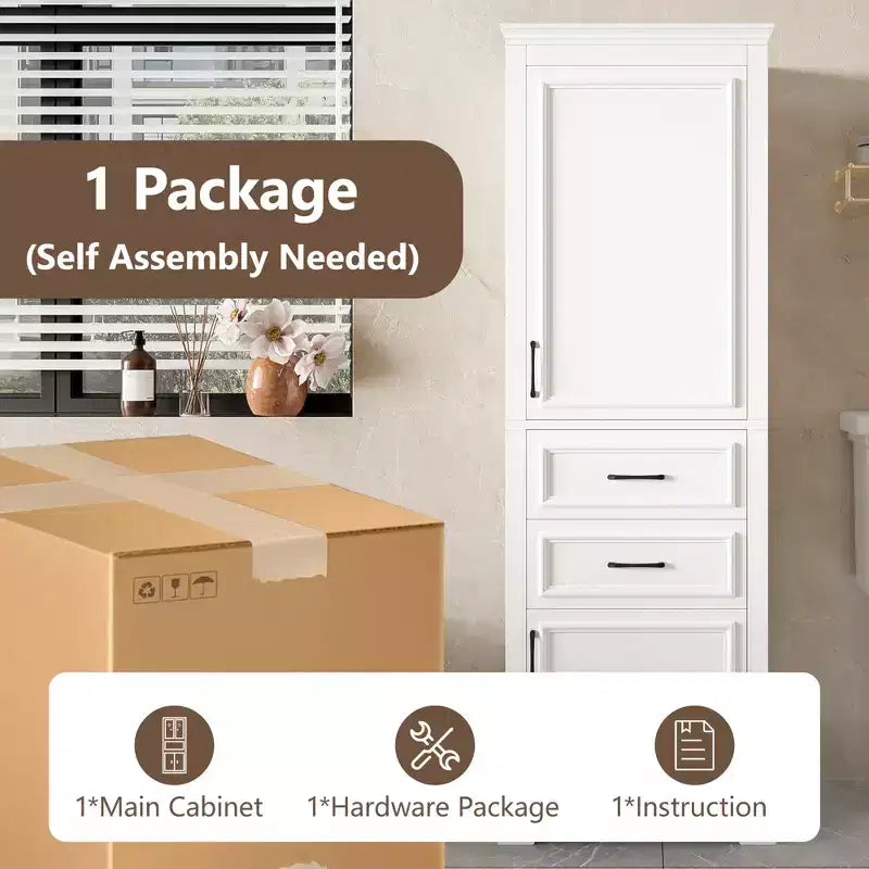 Mobiletto contenitore da bagno autoportante con cassetto, ripiani regolabili e fissi, ante a chiusura ammortizzata, bianco - ModernLuxe