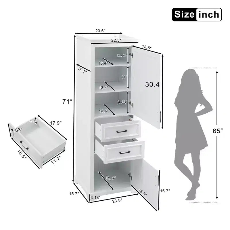 Mobiletto contenitore da bagno autoportante con cassetto, ripiani regolabili e fissi, ante a chiusura ammortizzata, bianco - ModernLuxe