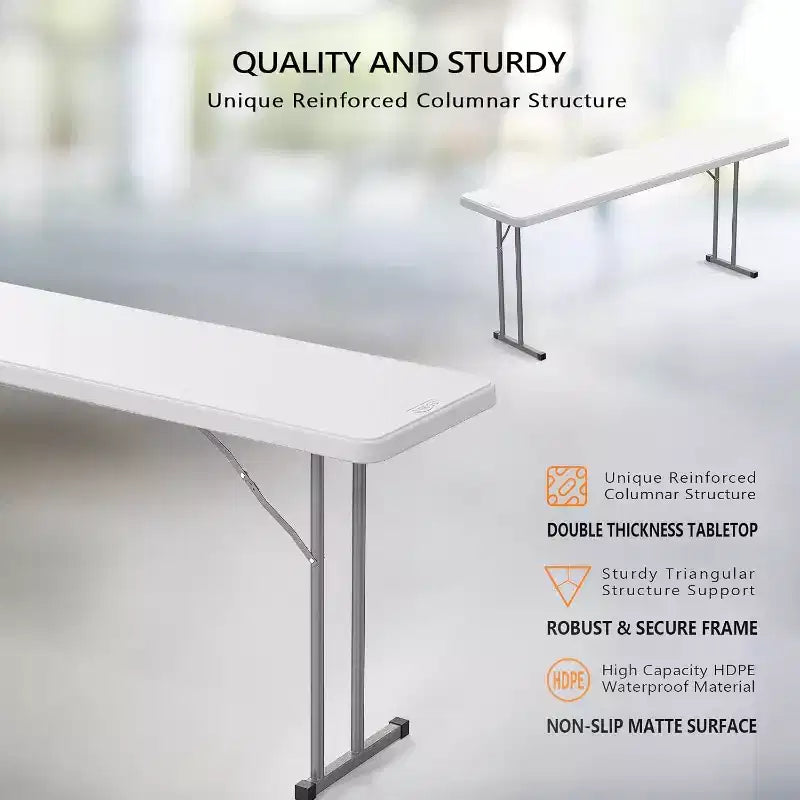 VINGLI Tavolo Pieghevole Stretto da 180 cm, Materiale HDPE di Alta Qualità e Robusta Struttura in Metallo, Perfetto per Buffet, Seminari, Feste, Formazione, Lavoro da Casa, Bianco