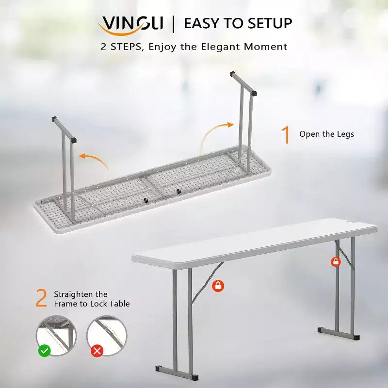 VINGLI Tavolo Pieghevole Stretto da 180 cm, Materiale HDPE di Alta Qualità e Robusta Struttura in Metallo, Perfetto per Buffet, Seminari, Feste, Formazione, Lavoro da Casa, Bianco