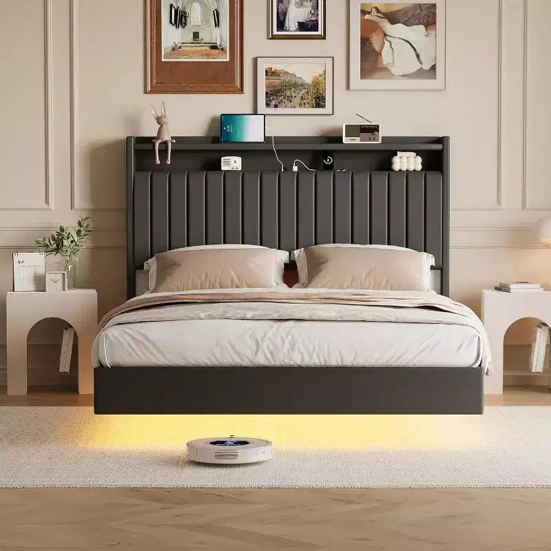 Bed frame, floating bed frame, high headboard, PU leather upholstery, platform bed frame, no mattress required, easy installation.