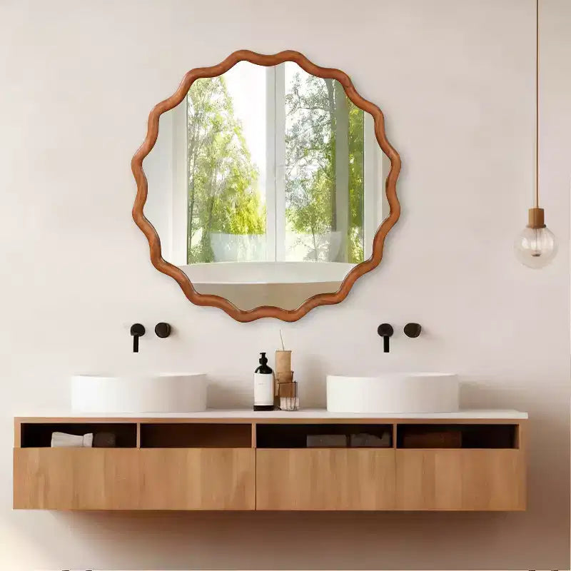Specchio da parete rotondo ondulato con cornice in legno massello colore legno naturale, 36 pollici, per mobile bagno, specchio decorativo in legno stile rustico per la casa