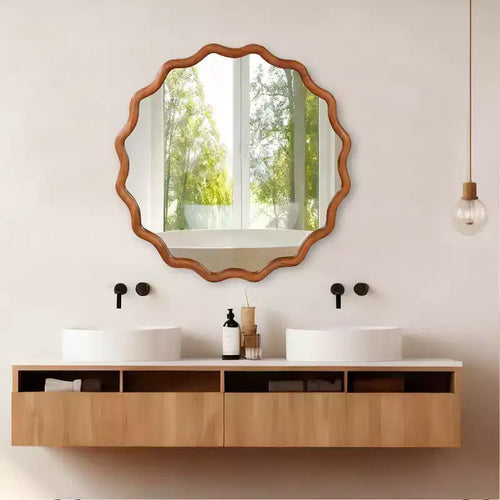 Specchio da parete rotondo ondulato con cornice in legno massello colore legno naturale, 36 pollici, per mobile bagno, specchio decorativo in legno stile rustico per la casa