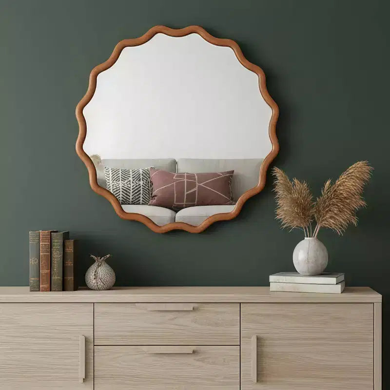 Specchio da parete rotondo ondulato con cornice in legno massello colore legno naturale, 36 pollici, per mobile bagno, specchio decorativo in legno stile rustico per la casa