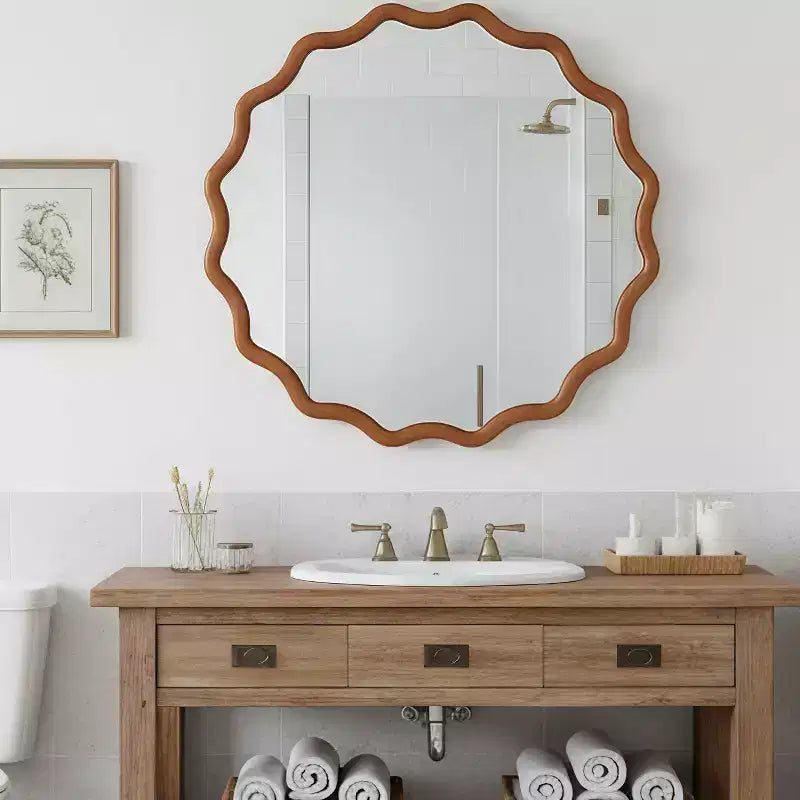 Specchio da parete rotondo ondulato con cornice in legno massello colore legno naturale, 36 pollici, per mobile bagno, specchio decorativo in legno stile rustico per la casa