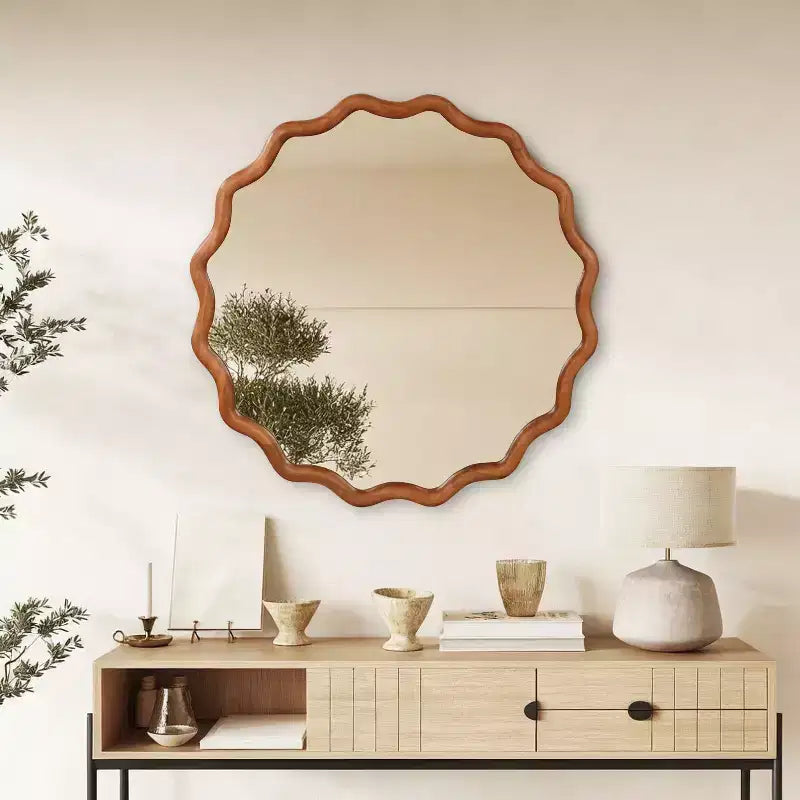 Specchio da parete rotondo ondulato con cornice in legno massello colore legno naturale, 36 pollici, per mobile bagno, specchio decorativo in legno stile rustico per la casa