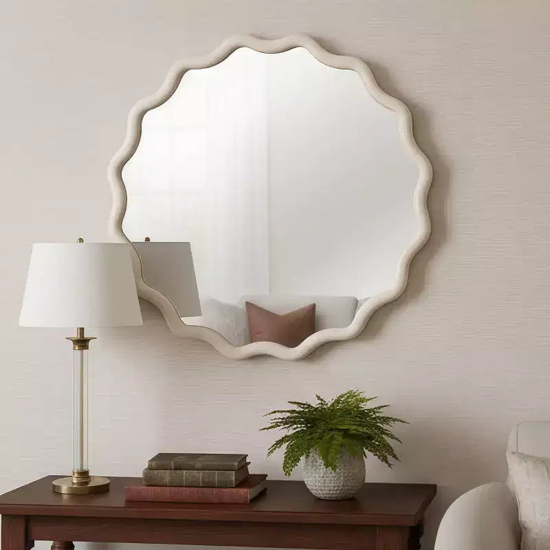 Specchio da parete rotondo ondulato con cornice in legno massello colore legno naturale, 36 pollici, per mobile bagno, specchio decorativo in legno stile rustico per la casa
