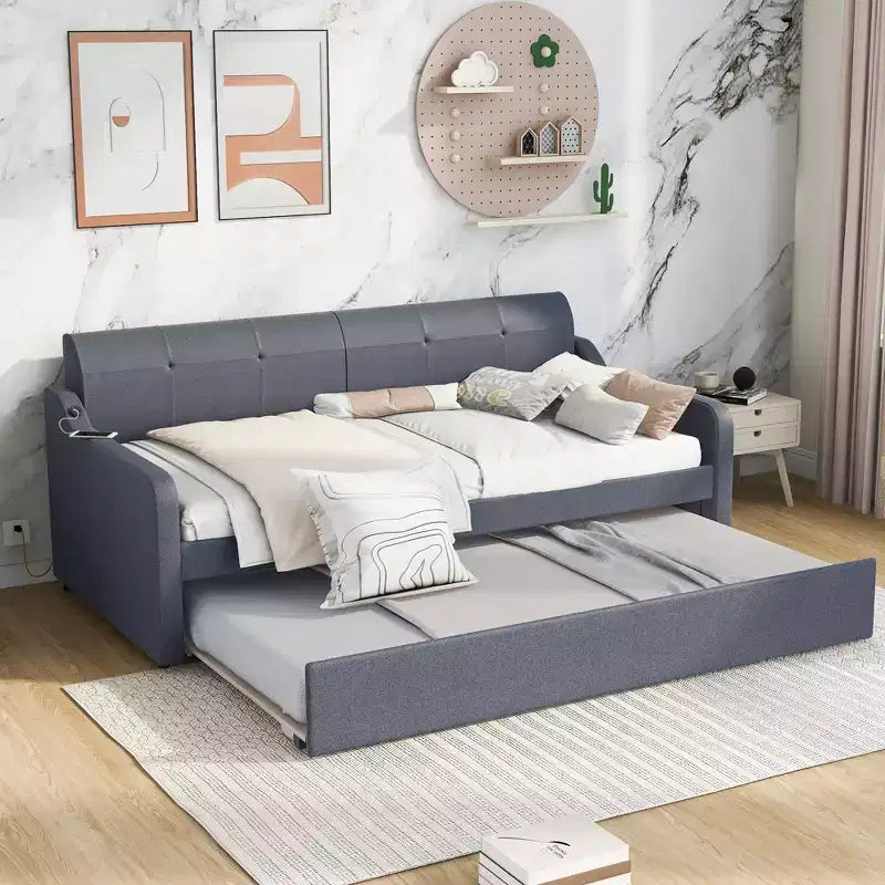 Divano letto singolo imbottito con letto estraibile e ricarica USB, il letto estraibile può essere piatto o eretto