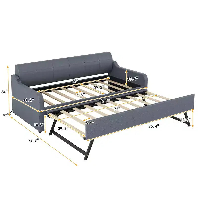 Divano letto singolo imbottito con letto estraibile e ricarica USB, il letto estraibile può essere piatto o eretto