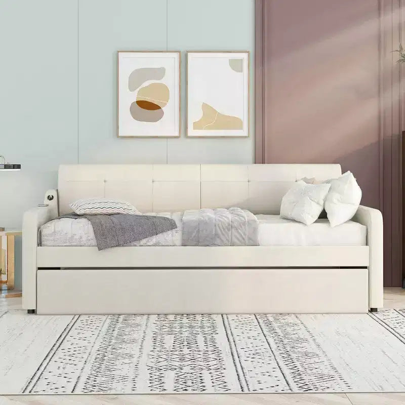 Divano letto singolo imbottito con letto estraibile e ricarica USB, il letto estraibile può essere piatto o eretto