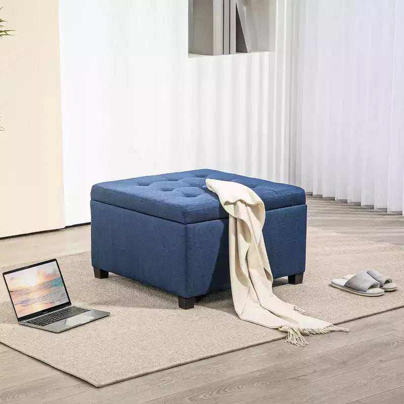 Panca Contenitore Rotonda con Pouf, Pouf Imbottito con Bottoni e Coperchio Sollevabile per Soggiorno, Ingresso e Camera da Letta