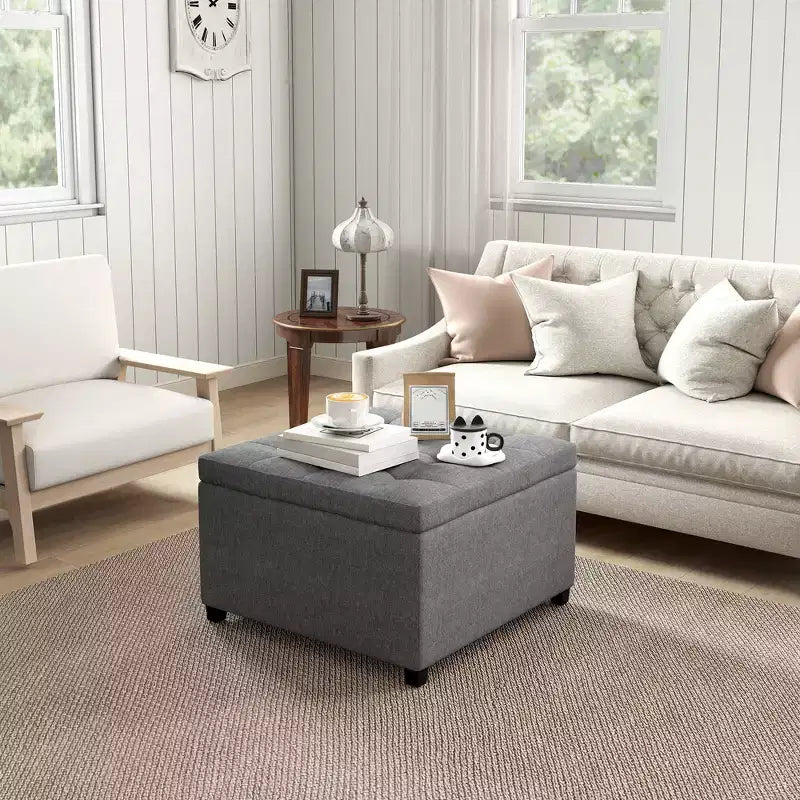 Panca Contenitore Rotonda con Pouf, Pouf Imbottito con Bottoni e Coperchio Sollevabile per Soggiorno, Ingresso e Camera da Letta