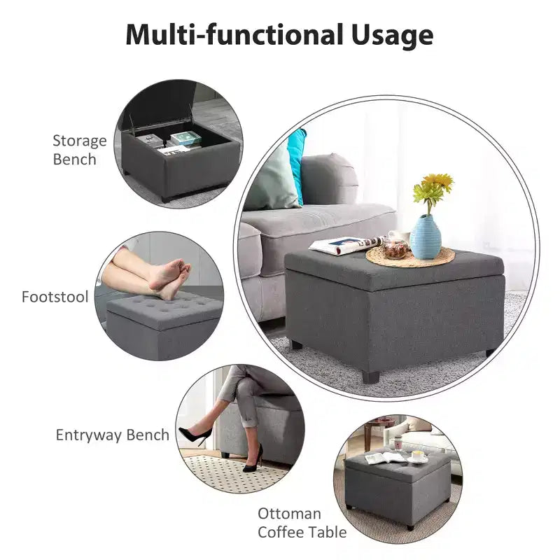 Panca Contenitore Rotonda con Pouf, Pouf Imbottito con Bottoni e Coperchio Sollevabile per Soggiorno, Ingresso e Camera da Letta