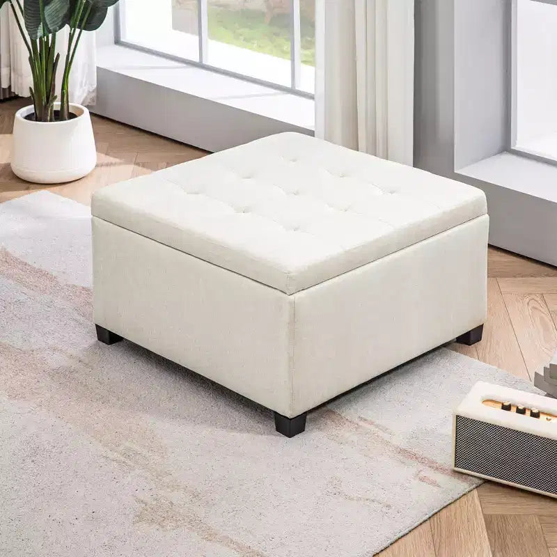 Panca Contenitore Rotonda con Pouf, Pouf Imbottito con Bottoni e Coperchio Sollevabile per Soggiorno, Ingresso e Camera da Letta