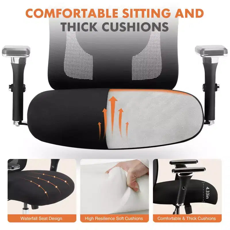 Sedia da ufficio ergonomica Okak Minimalism con schienale in rete, sedia da computer con supporto lombare e braccioli, sedia girevole per casa, ufficio, nera