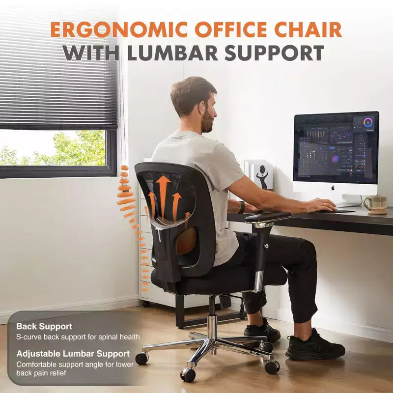 Sedia da ufficio ergonomica Okak Minimalism con schienale in rete, sedia da computer con supporto lombare e braccioli, sedia girevole per casa, ufficio, nera