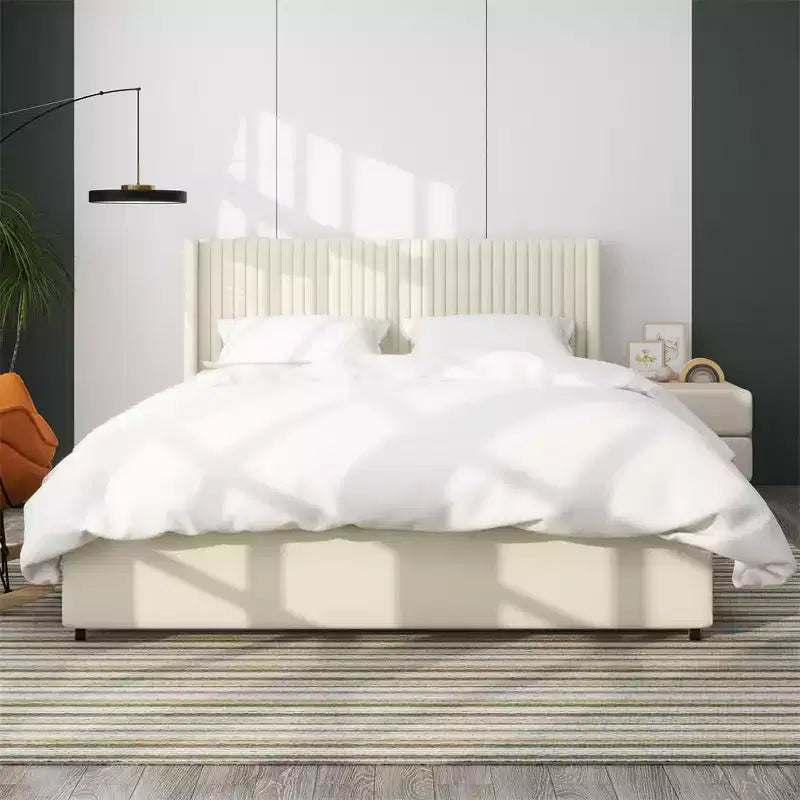 Letto matrimoniale imbottito, Letto matrimoniale in velluto con testiera dal design moderno, Canale stretto, Supporto materasso a doghe in legno