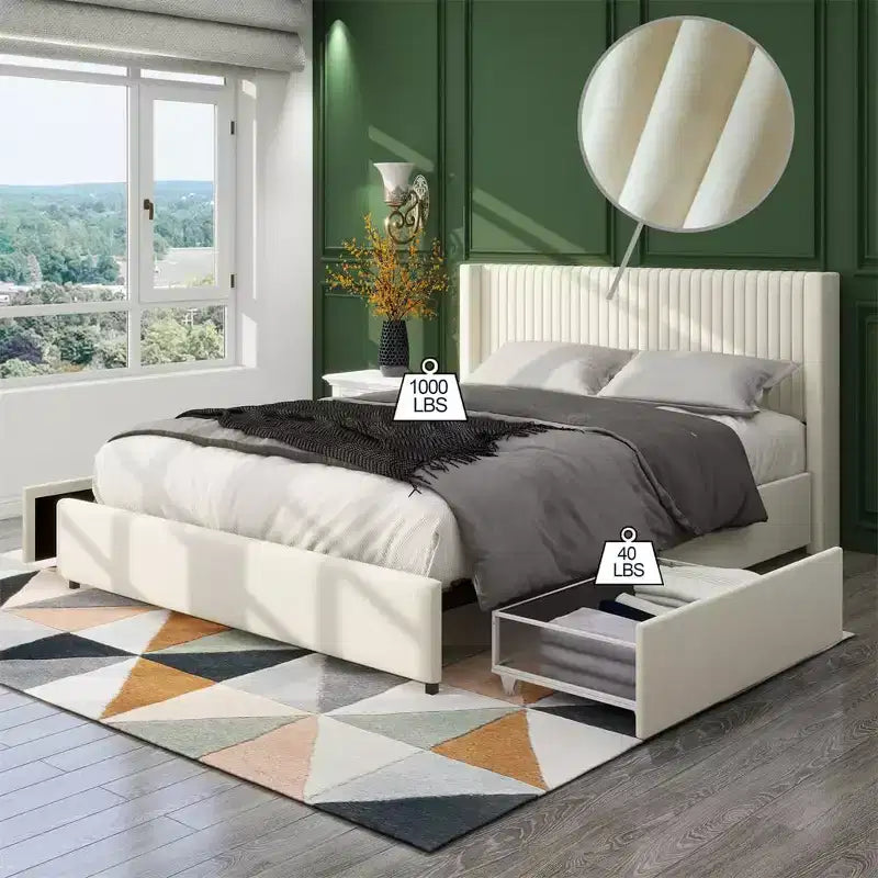 Letto matrimoniale imbottito, Letto matrimoniale in velluto con testiera dal design moderno, Canale stretto, Supporto materasso a doghe in legno