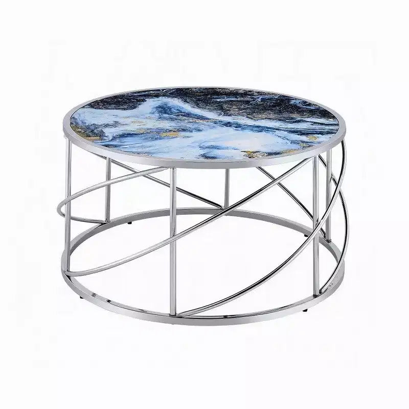 Tavolino da caffè rotondo Royal Hampton, 84 cm, base aperta cromata, effetto marmo blu