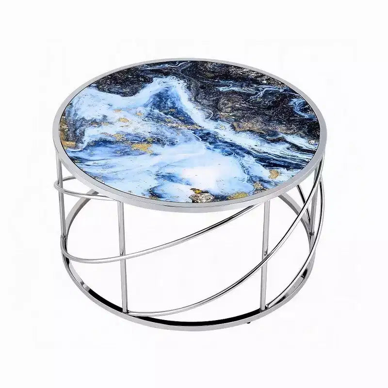 Tavolino da caffè rotondo Royal Hampton, 84 cm, base aperta cromata, effetto marmo blu