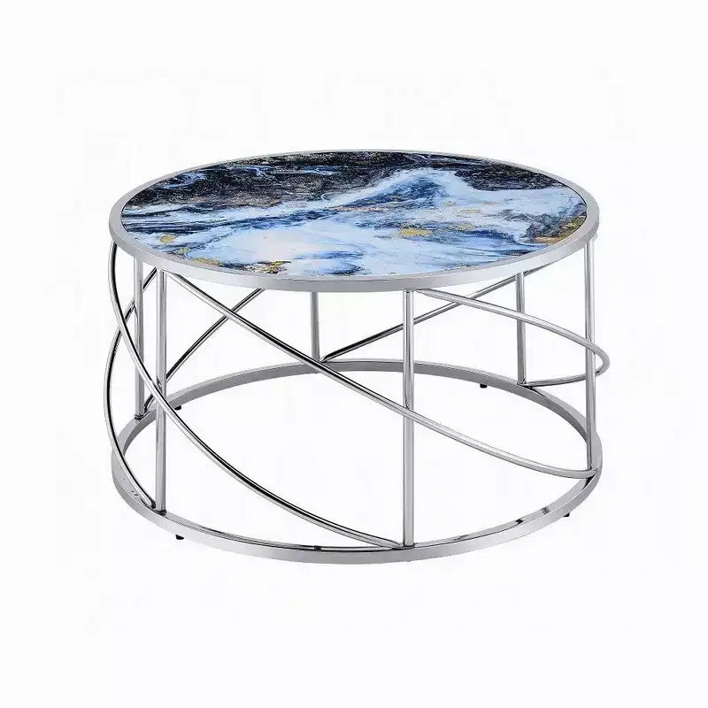Tavolino da caffè rotondo Royal Hampton, 84 cm, base aperta cromata, effetto marmo blu