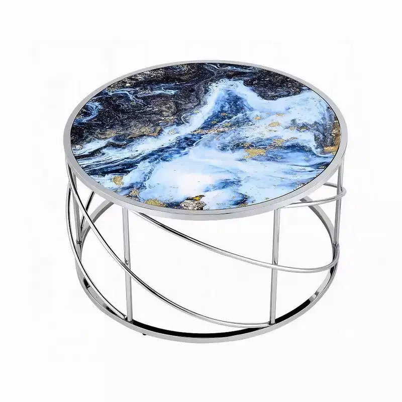 Tavolino da caffè rotondo Royal Hampton, 84 cm, base aperta cromata, effetto marmo blu