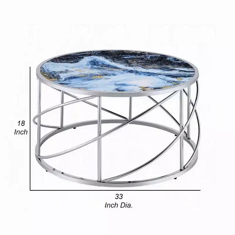 Tavolino da caffè rotondo Royal Hampton, 84 cm, base aperta cromata, effetto marmo blu
