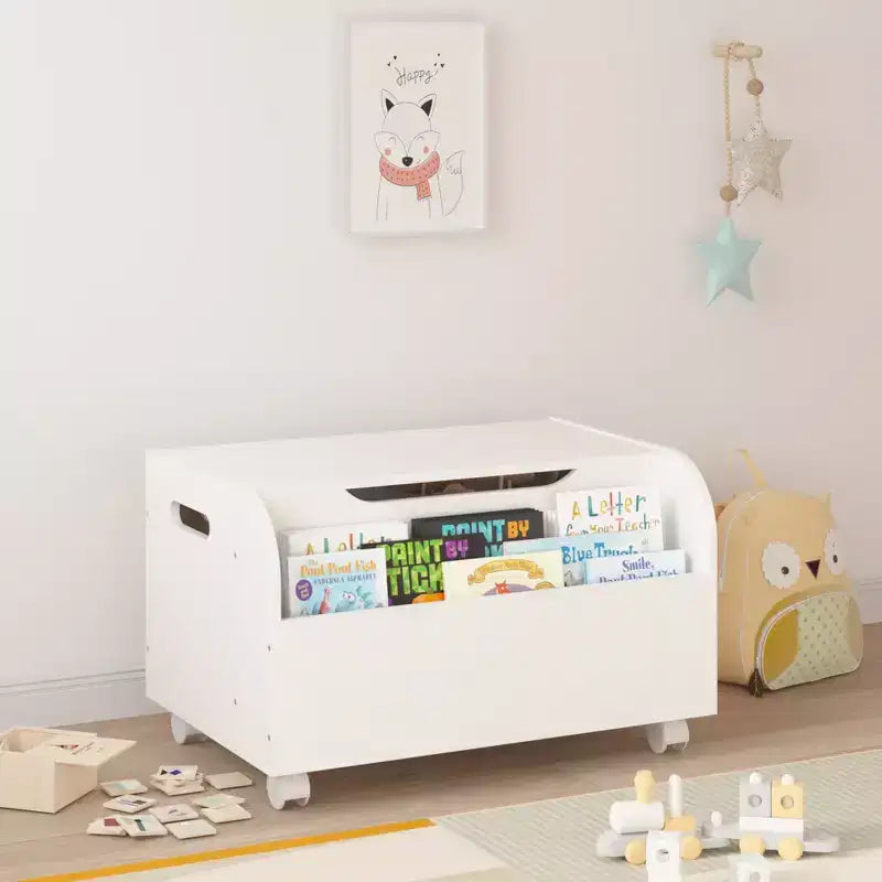 Whisen Scatola Portagiochi in Legno, Contenitore Organizzatore Giocattoli per Bambini con Scaffale Frontale, Coperchio a Ribalta, Cerniera di Sicurezza