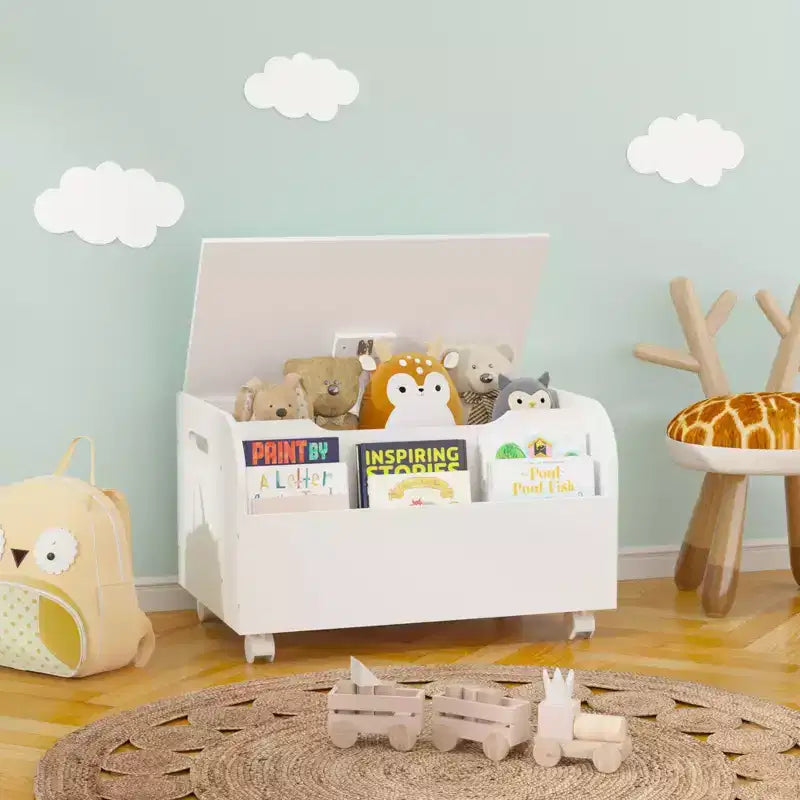 Whisen Scatola Portagiochi in Legno, Contenitore Organizzatore Giocattoli per Bambini con Scaffale Frontale, Coperchio a Ribalta, Cerniera di Sicurezza