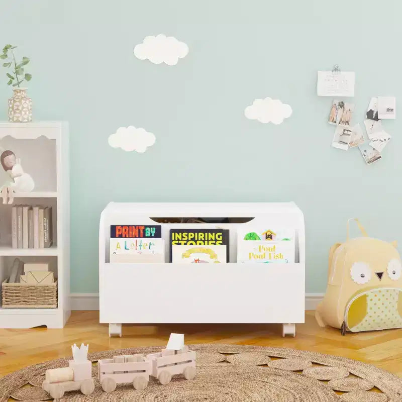 Whisen Scatola Portagiochi in Legno, Contenitore Organizzatore Giocattoli per Bambini con Scaffale Frontale, Coperchio a Ribalta, Cerniera di Sicurezza