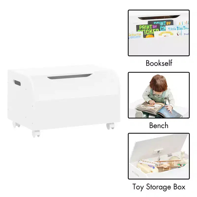 Whisen Scatola Portagiochi in Legno, Contenitore Organizzatore Giocattoli per Bambini con Scaffale Frontale, Coperchio a Ribalta, Cerniera di Sicurezza