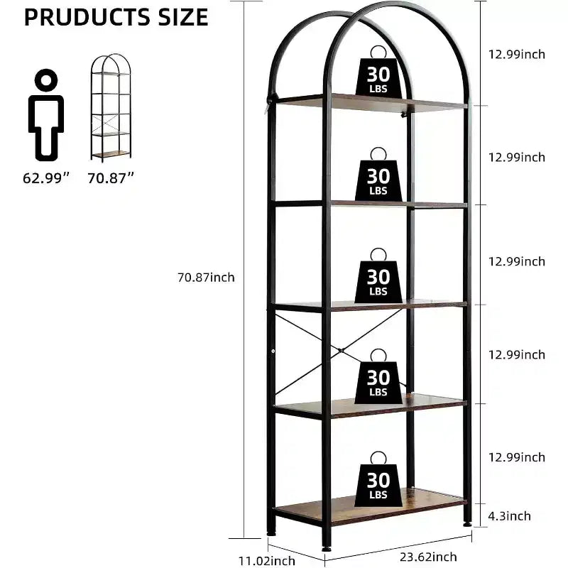 Scaffale moderno autoportante per esposizione, mobiletto, libreria a 5 ripiani, libreria industriale aperta, scaffale con struttura in metallo per camera da letto e soggiorno